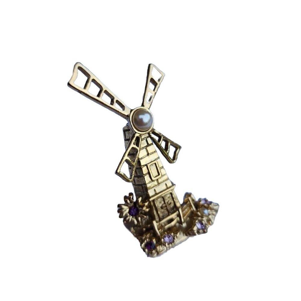 Windmill Bejeweled Faux Pearl & Lavender Rhinestones GoldTone Metal Pin Brooch - Picture 4 of 10
